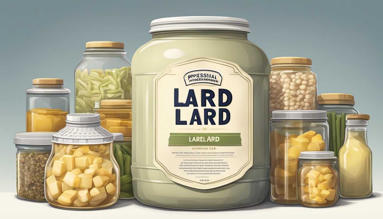 A large jar of lard stands boldly in the center, surrounded by various other fats in smaller, less prominent containers. The lard exudes confidence and superiority over its competitors