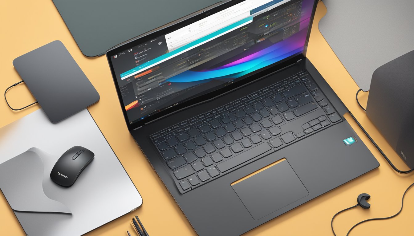 A sleek Lenovo laptop sits on a modern desk, surrounded by tech accessories and a branded mousepad. The logo is prominently displayed, evoking a sense of professionalism and innovation