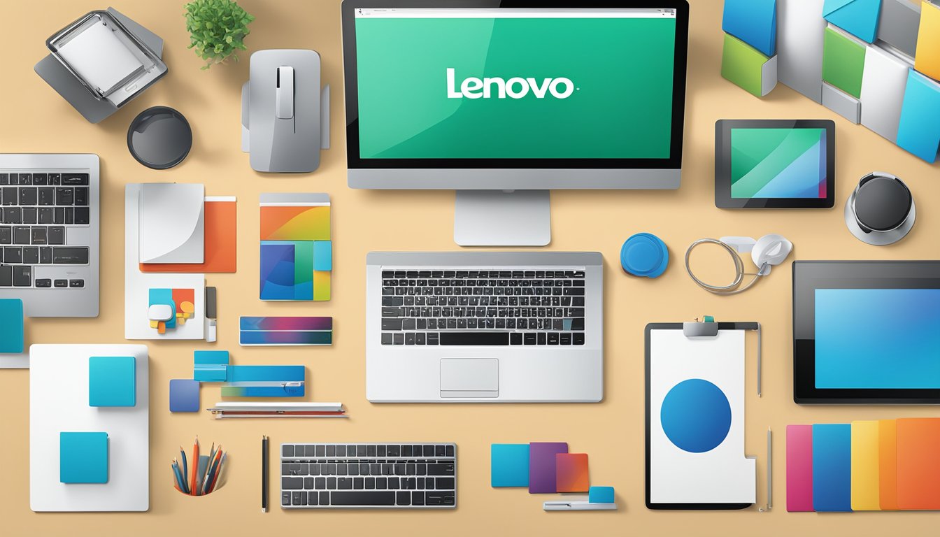 Lenovo's logo displayed prominently in a modern office setting, surrounded by sleek electronic devices and innovative technology