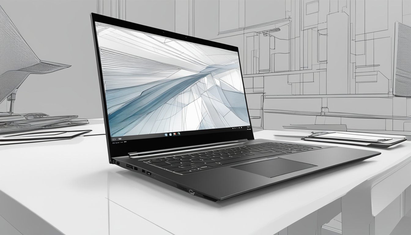 A sleek Lenovo laptop sits on a desk, its sturdy build exuding quality. The screen displays a high-performance interface, with smooth lines and sharp details
