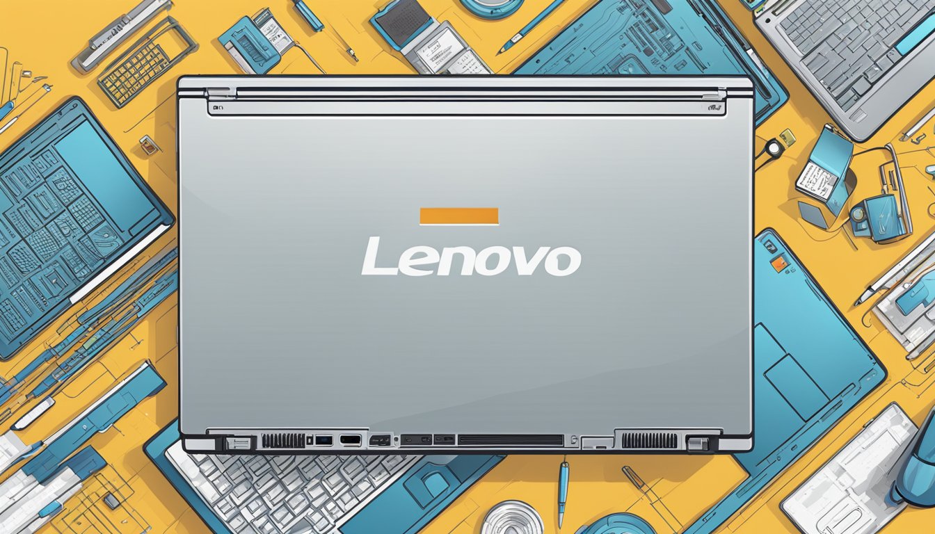 A laptop with a "Lenovo" logo displayed prominently, surrounded by symbols representing support, warranty, and value for money