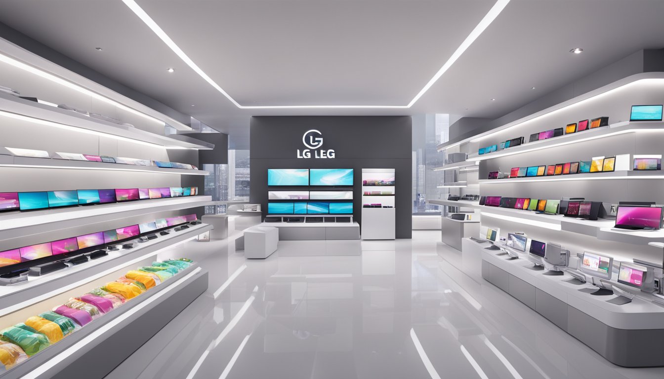 The LG Electronics brand store is filled with sleek, modern products displayed on clean, minimalist shelves. The store is brightly lit with a futuristic ambiance, featuring the latest technology and cutting-edge designs