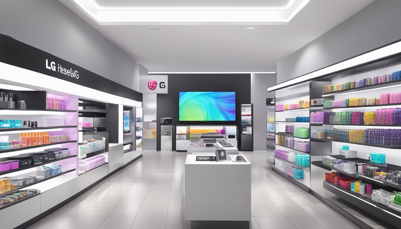 A well-lit LG brand store showcasing a wide range of products on sleek, modern shelves. Vibrant displays highlight the latest electronics and appliances
