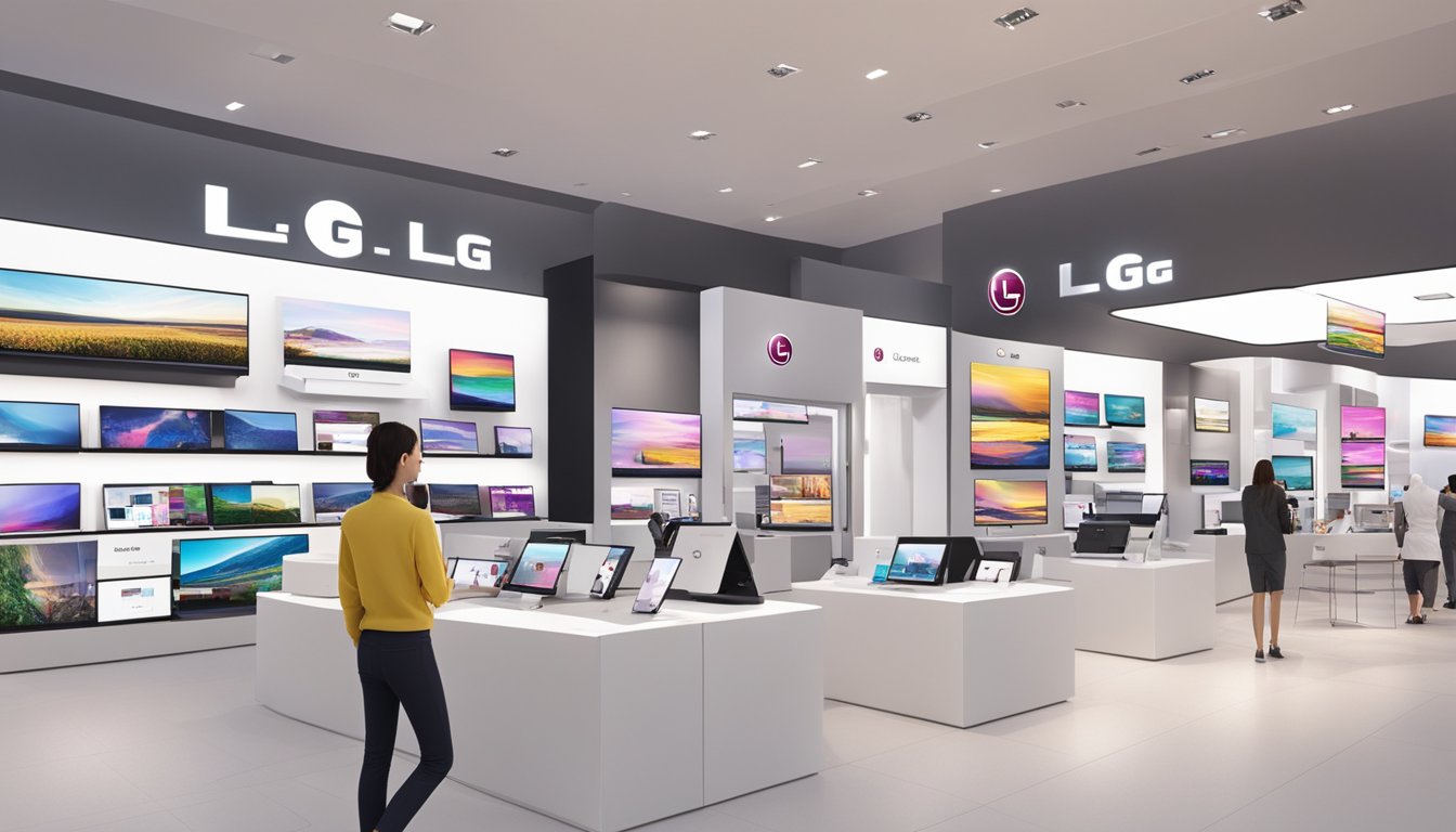 Customers browse LG products in a modern, spacious brand store with sleek displays and interactive demos. The atmosphere is welcoming and the staff are attentive