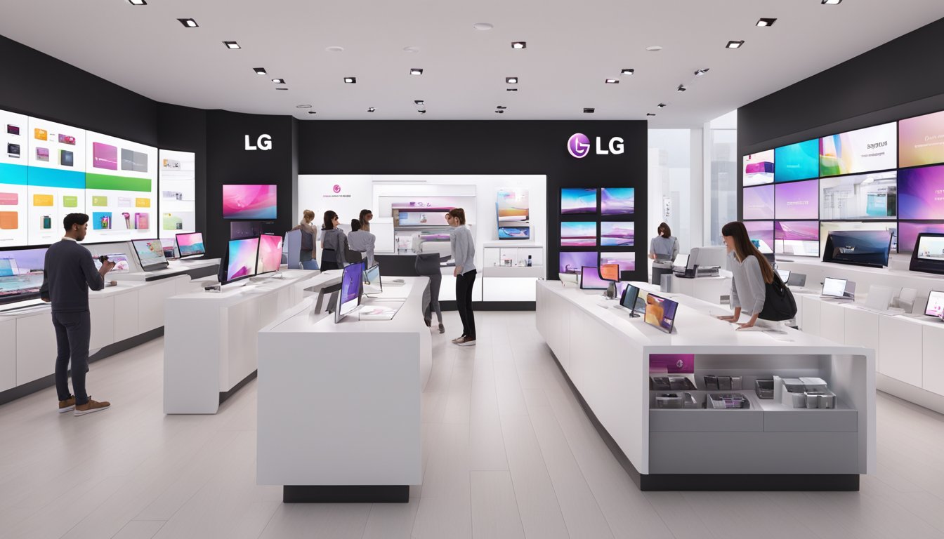 Bright, modern LG brand store with sleek displays and interactive product demos. Customers browsing and staff assisting