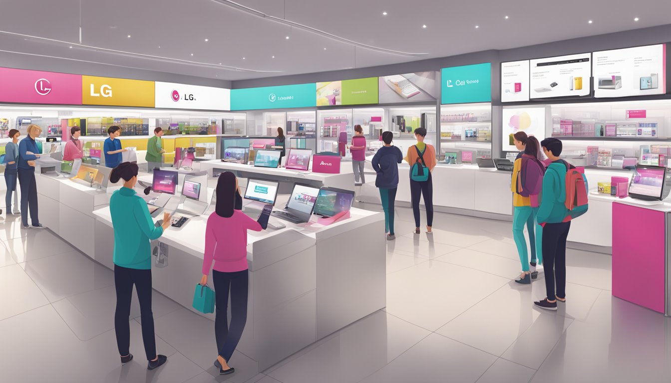 A busy LG brand store with customers browsing products, talking to staff, and looking at frequently asked questions displays