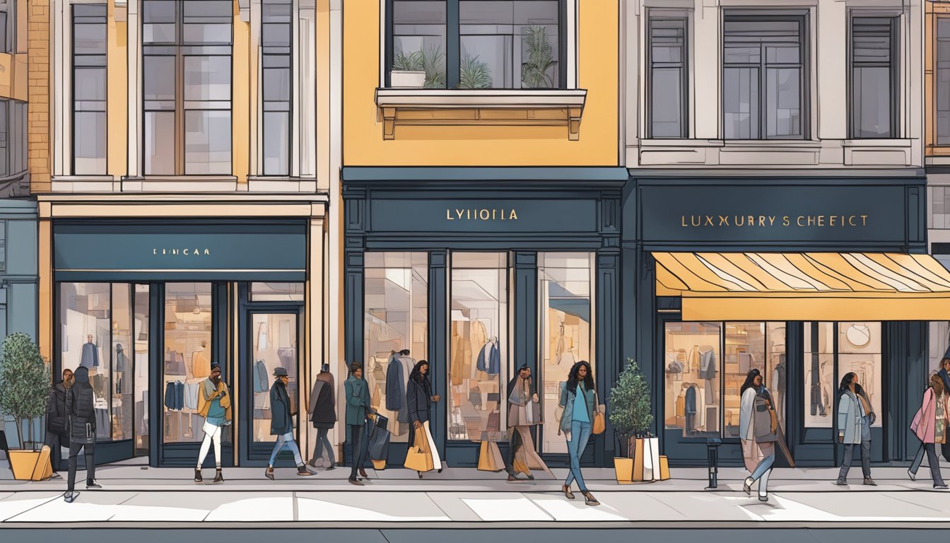 A bustling urban street lined with high-end fashion stores, featuring bold, modern signage and sleek storefronts displaying the latest luxury streetwear collections