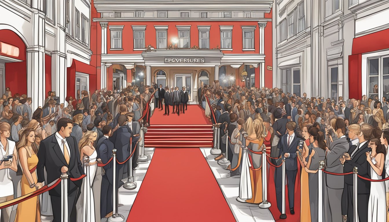 A red carpet event with paparazzi, flashing cameras, and a crowd of admirers outside a grand fashion house. Luxury brands' logos prominently displayed