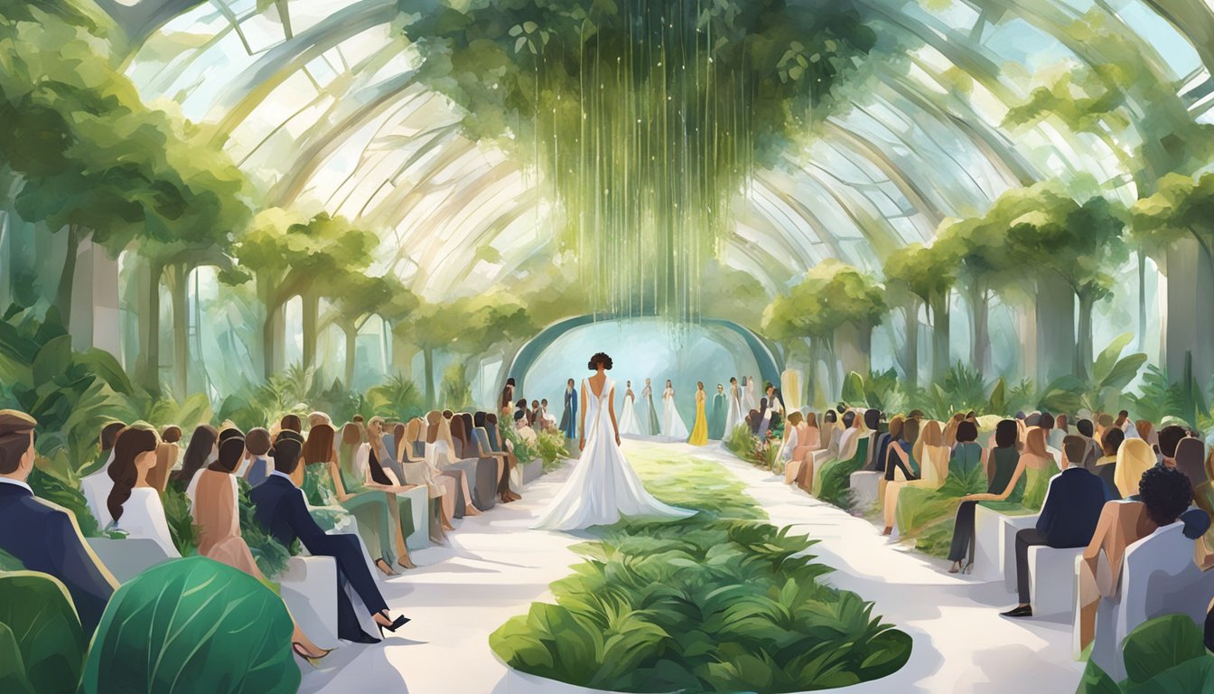 A luxurious eco-friendly fashion show featuring top sustainable brands. Runway adorned with lush greenery and futuristic designs