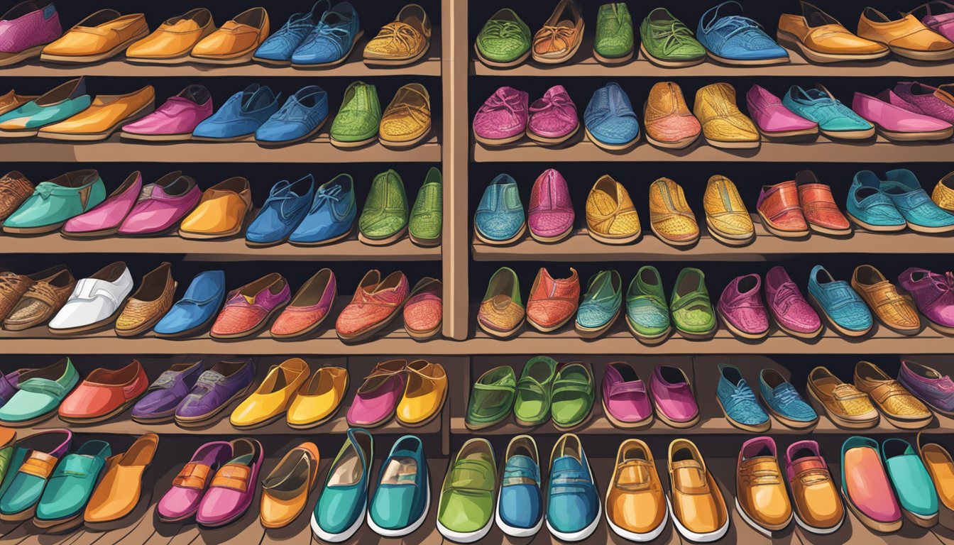 A display of colorful Malaysian shoes, showcased in a vibrant local market setting