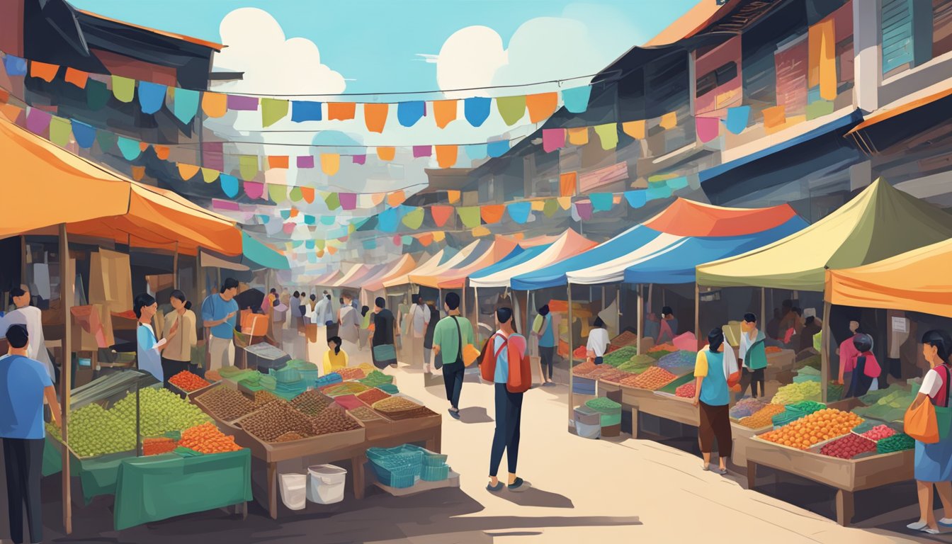 A bustling Malaysian market, with colorful shoe stalls and proud local brands on display
