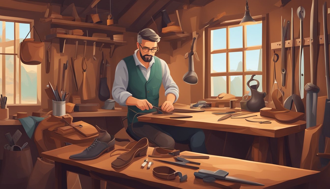A shoemaker carefully stitches together leather pieces in a cozy workshop, surrounded by tools and materials