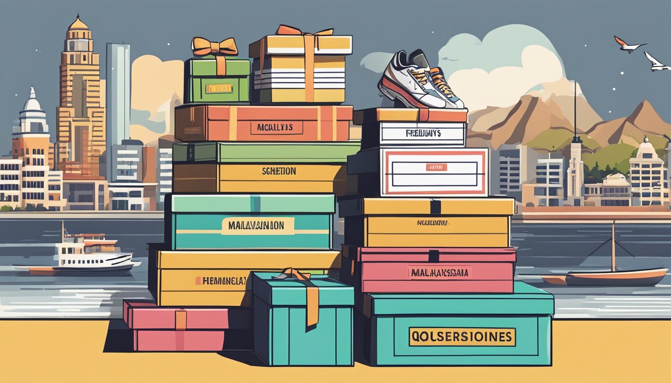 A stack of shoe boxes with "Frequently Asked Questions" label, surrounded by local Malaysian landmarks