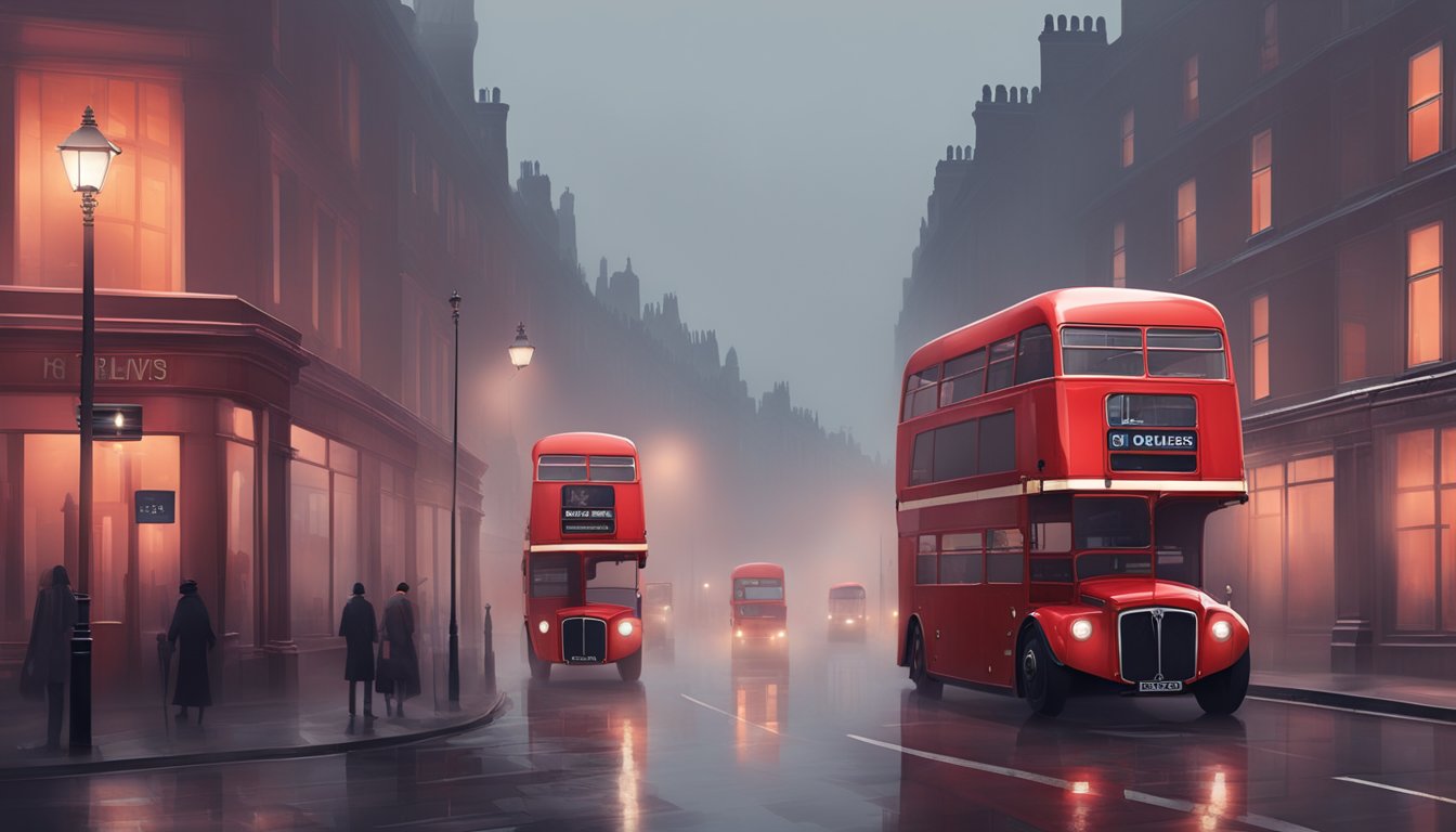 A gloomy London street with iconic red double-decker buses disappearing into the thick fog, creating an atmosphere of mystery and intrigue