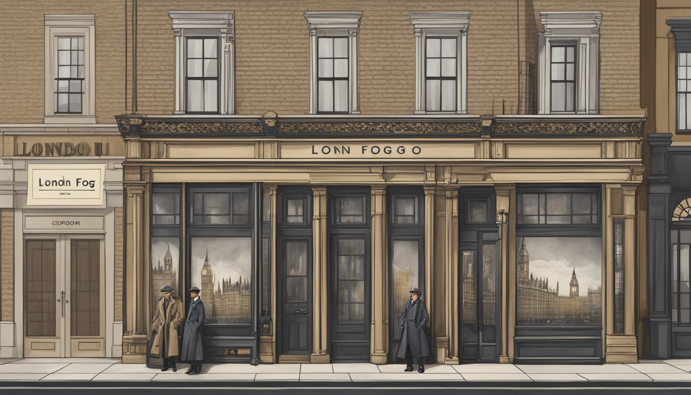 London Fog brand logo on a vintage storefront, with iconic trench coats on display and a backdrop of historic London landmarks