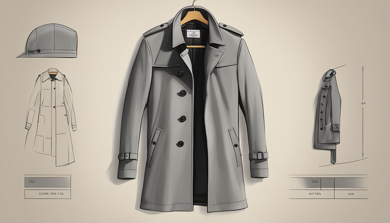A stylish London Fog trench coat hangs on a sleek coat rack, showcasing the brand's reputation for design and quality craftsmanship