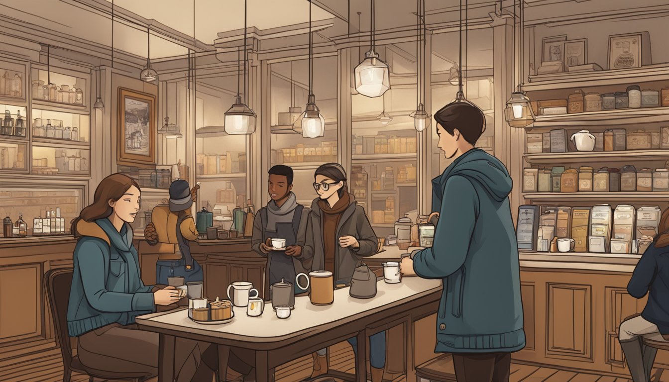 Customers enjoying London Fog products in a cozy cafe, with a warm and inviting atmosphere. A friendly barista serves a steaming cup of London Fog tea, while others browse the brand's stylish and classic outerwear on display