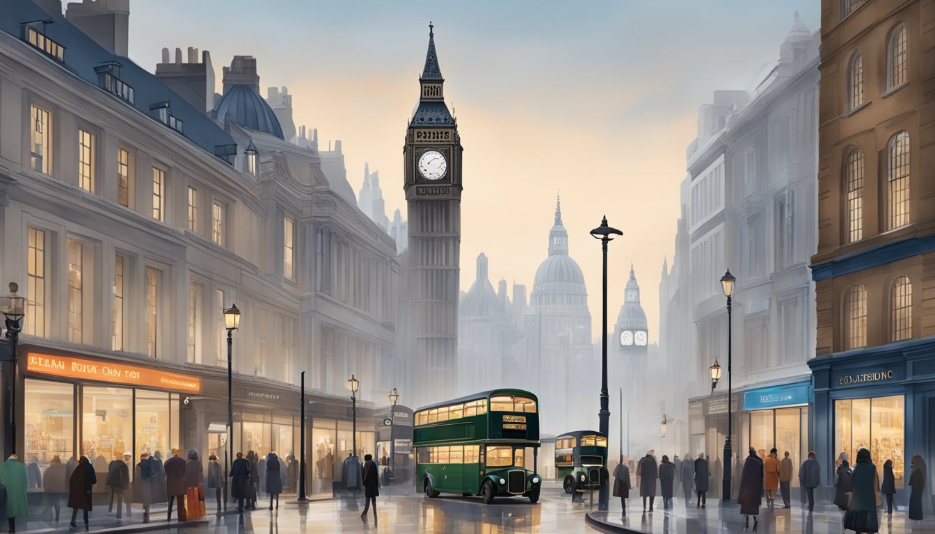 A bustling city street with iconic London landmarks in the background, showcasing London Fog brand stores with elegant, timeless collections on display