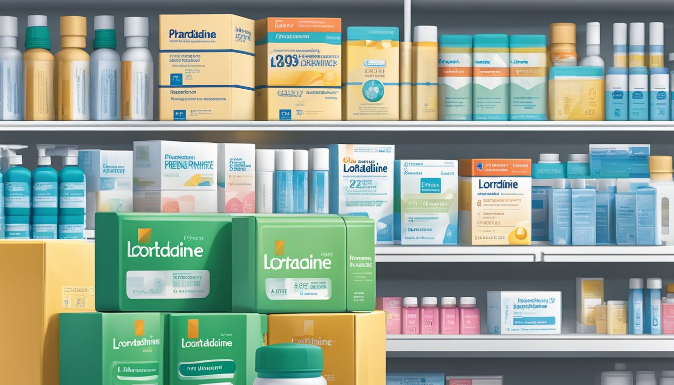 A box of loratadine phenylephrine brand name sits on a pharmacy shelf, surrounded by other medication boxes