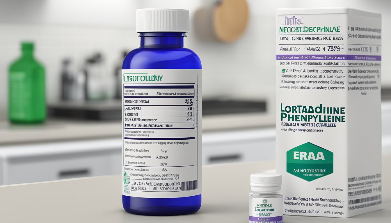 A bottle of "Loratadine Phenylephrine" brand name medicine sits on a clean, white countertop. The label is clear and easy to read, with the benefits and usage instructions listed prominently