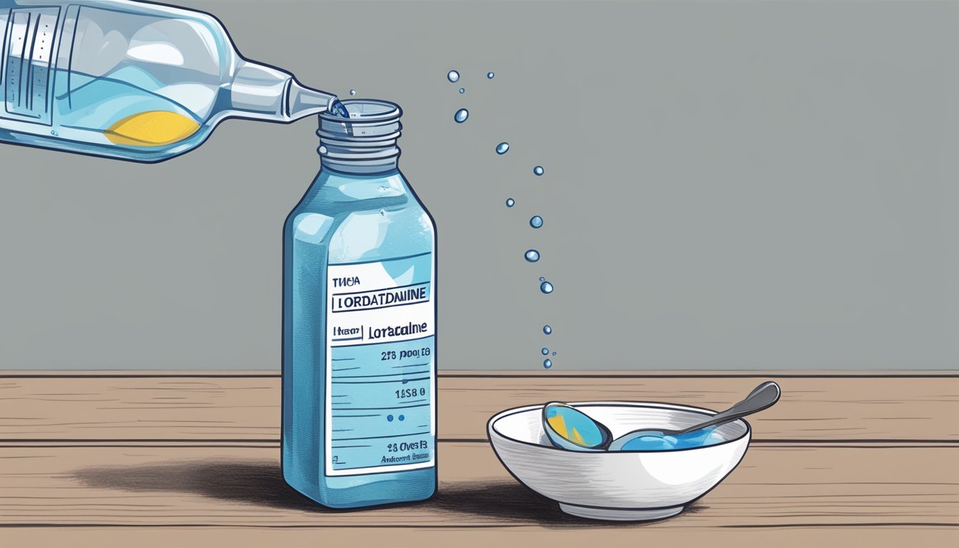 A hand holding a bottle of loratadine phenylephrine, with a measuring spoon pouring the medication into a cup of water