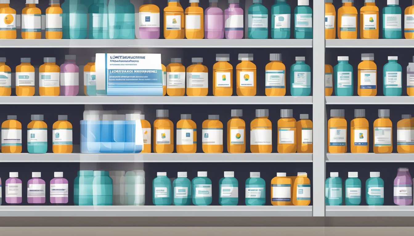 A bottle of "loratadine phenylephrine" sits on a pharmacy shelf, with a warning label listing potential side effects and precautions