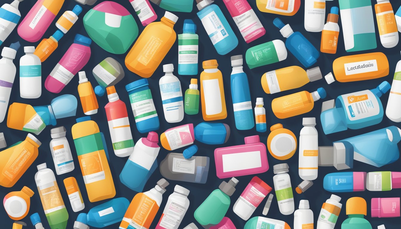A colorful array of medication boxes and bottles, featuring the brand name "Loratadine Phenylephrine," surrounded by various alternative options