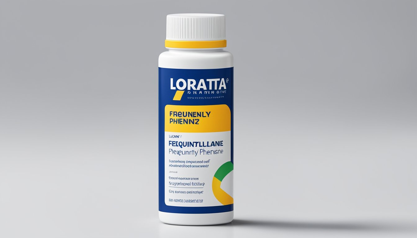 A bottle of "Frequently Asked Questions" loratadine phenylephrine brand name stands open on a clean, white surface, with the label clearly visible