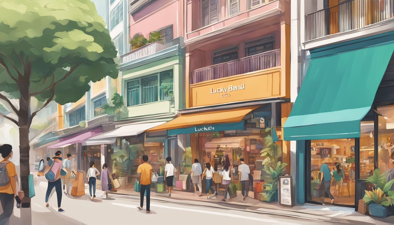A bustling street in Singapore, with colorful shopfronts and vibrant signs for Lucky Brand. People walk by, enjoying the lively atmosphere