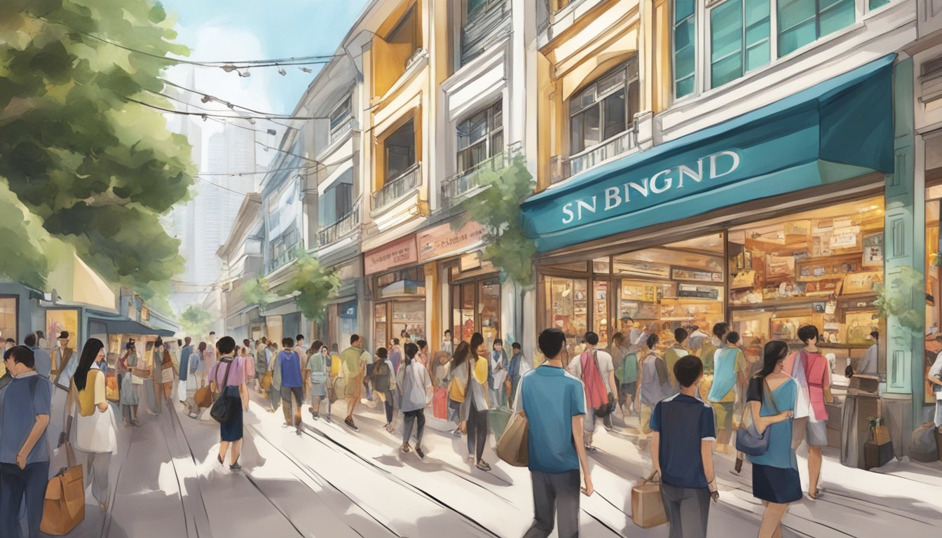 A bustling street in Singapore with Lucky Brand storefront, vibrant signage, and busy shoppers