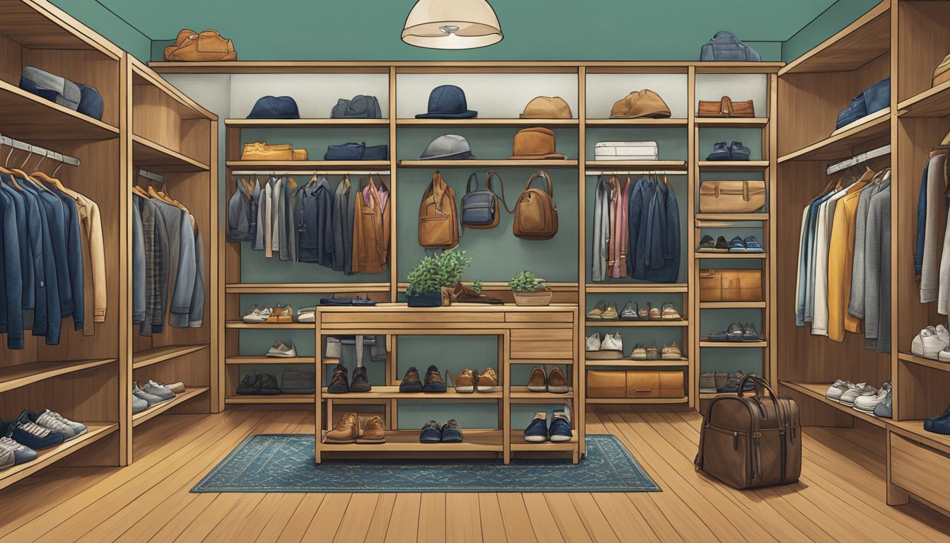 A vibrant display of Lucky Brand products arranged on shelves, featuring a variety of clothing, accessories, and footwear in a modern Singaporean setting