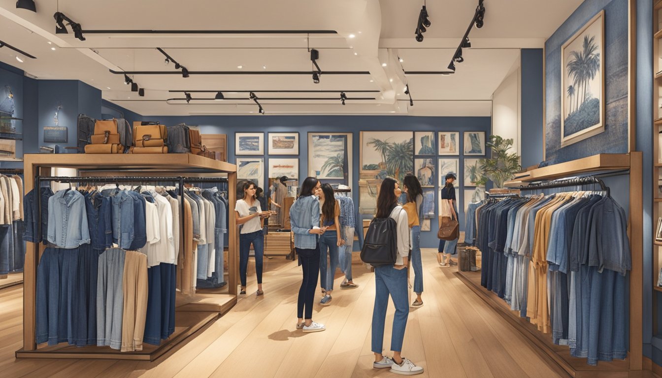 Customers browse denim and casual wear at Lucky Brand Singapore. The store is filled with stylish clothing displays and shelves of accessories. The atmosphere is vibrant and inviting