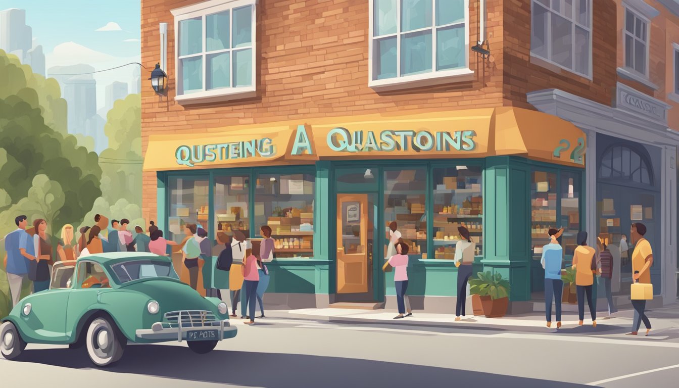 A bustling store front with a prominent "Frequently Asked Questions" sign above the entrance, surrounded by eager customers and a friendly staff ready to assist