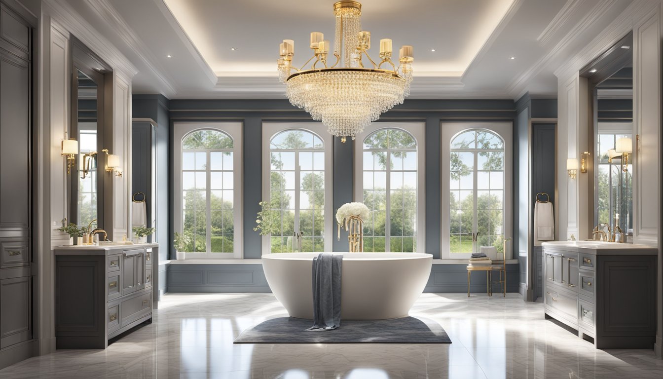 The luxurious bathroom fittings gleamed under the soft glow of the chandelier, showcasing elegant faucets, marble countertops, and sleek, modern designs