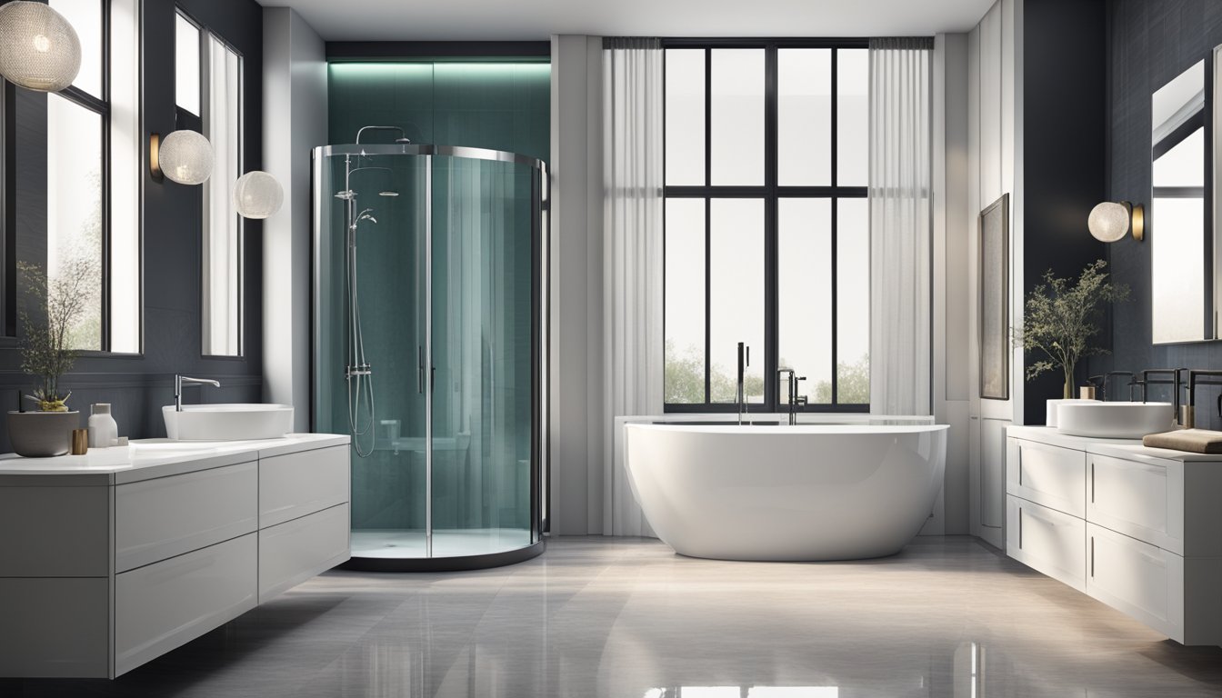A sleek, modern bathroom with top luxury fittings: a freestanding tub, a rainfall shower, and a double vanity with elegant faucets and mirrors