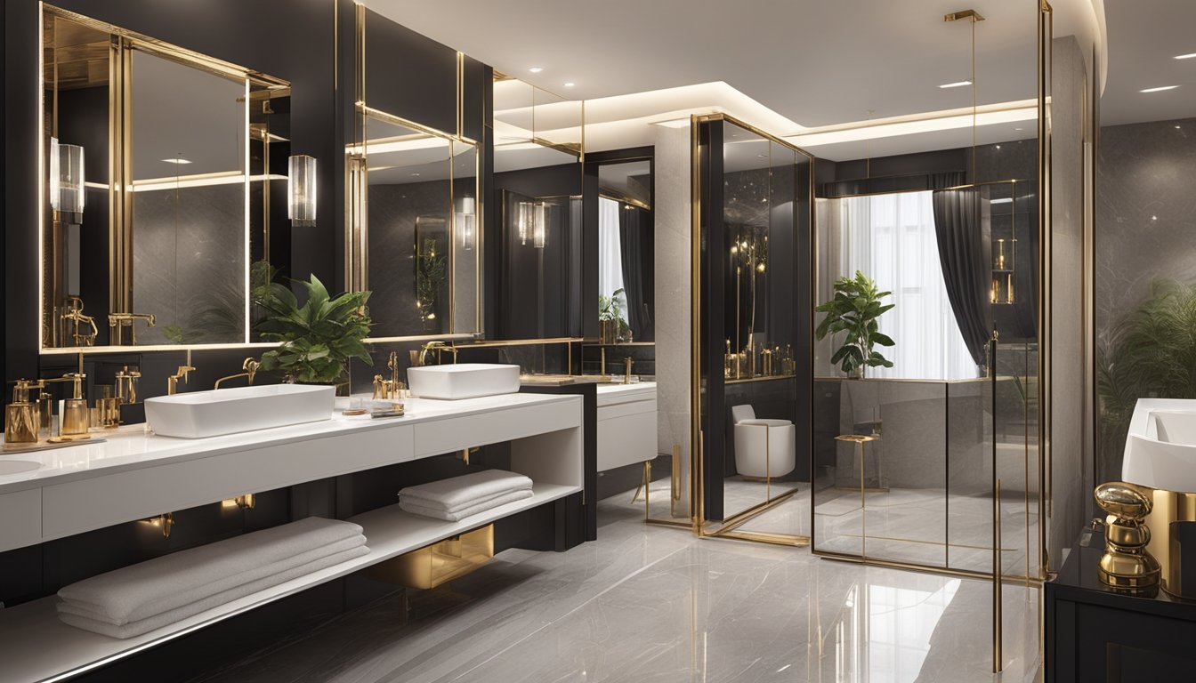 A sleek, modern bathroom with luxurious fittings and innovative designs. Sparkling faucets, elegant mirrors, and stylish storage solutions create an atmosphere of opulence and sophistication