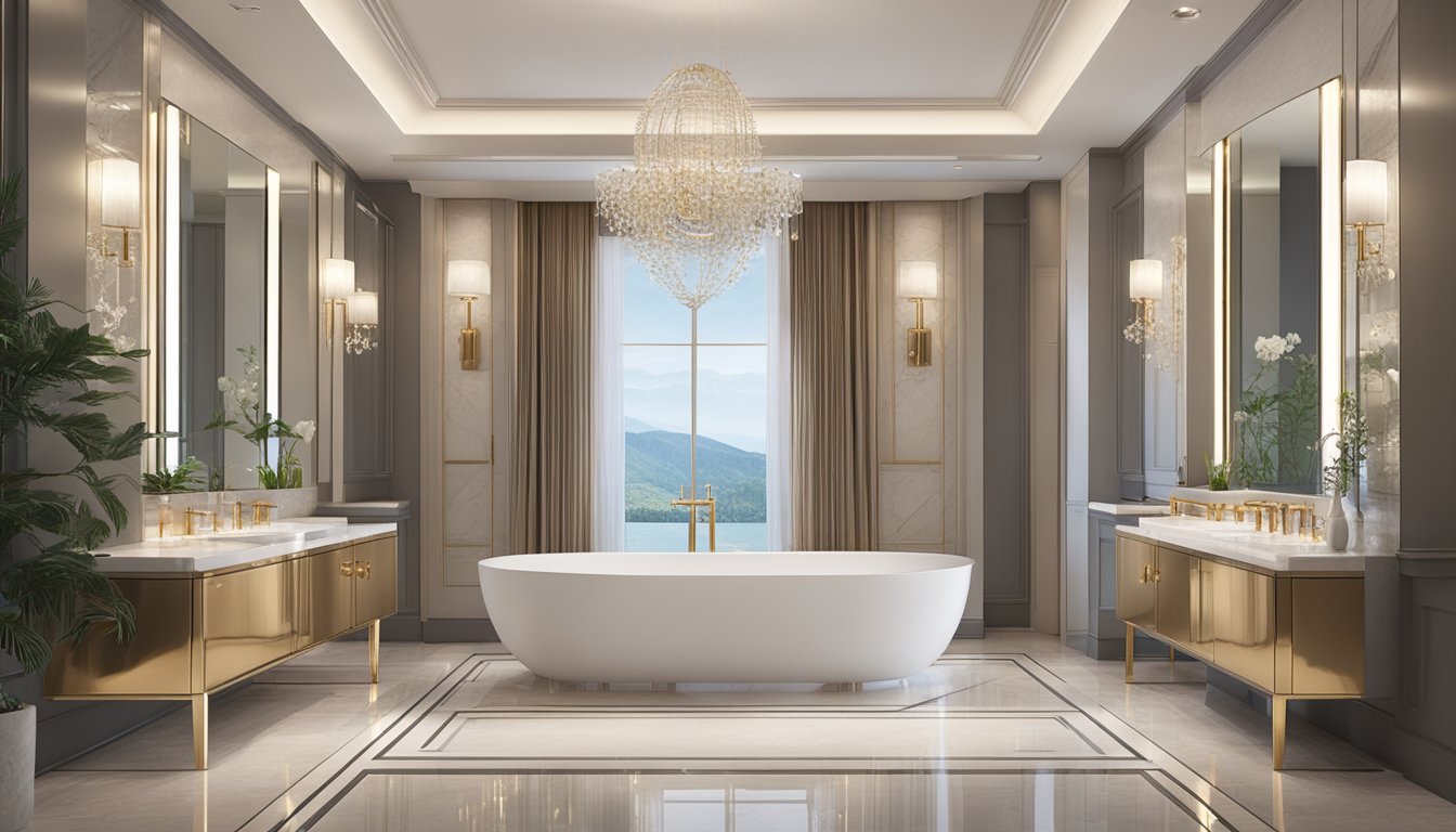 A luxurious bathroom with sleek, modern fittings from top global brands. Shiny faucets, elegant showerheads, and stylish fixtures exude opulence and sophistication