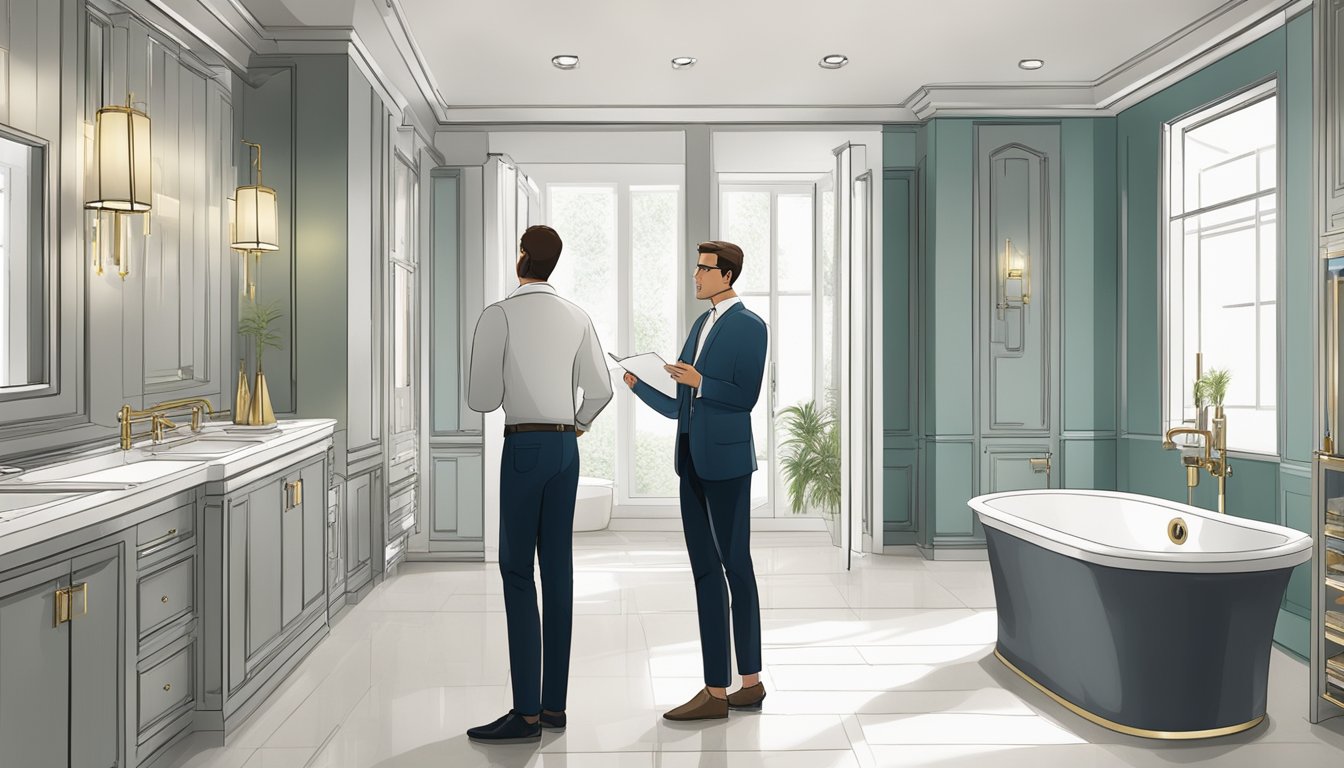A customer admires luxury bathroom fittings displayed in a showroom, while a support representative assists with product information and inquiries