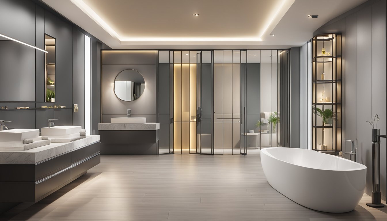Luxury bathroom fittings displayed in a sleek showroom with modern lighting and clean lines. Brand logos and product names are prominently featured