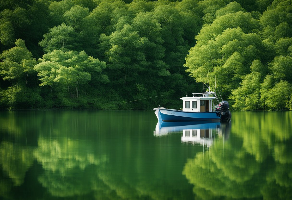 A serene lake surrounded by lush greenery, with a fishing boat and equipment ready for a day of guided fishing in Branson, MO