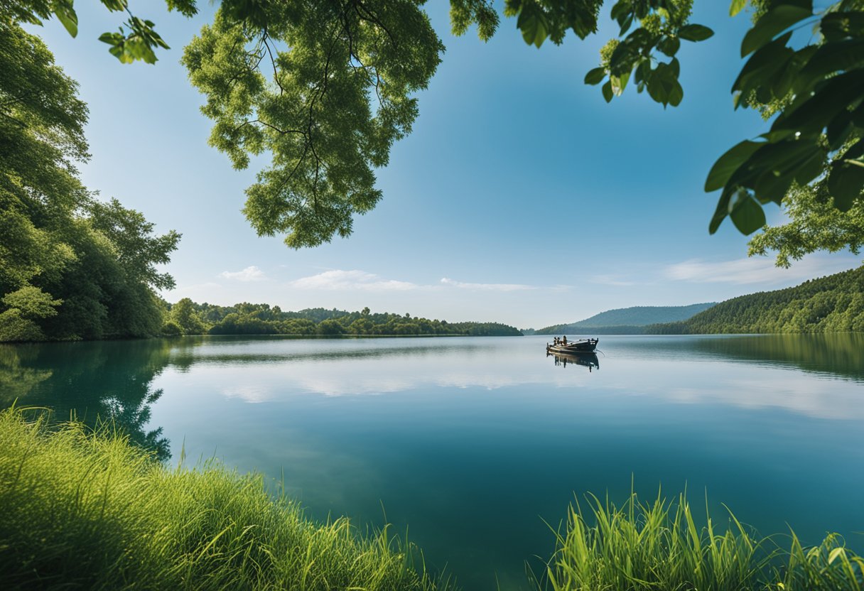 A serene lake surrounded by lush greenery, with a fishing boat and guide in the distance. The clear blue sky reflects on the calm water, creating a peaceful and inviting atmosphere for fishing