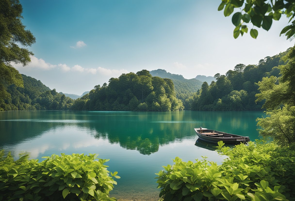 A serene lake surrounded by lush greenery, with a fishing boat docked on the shore and a clear blue sky overhead