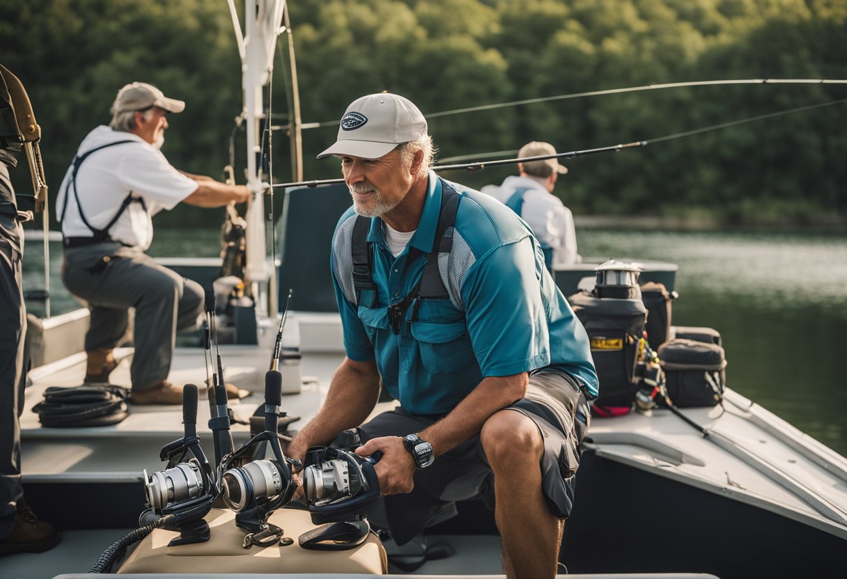 Fishing guides prepare gear on a boat in Branson, MO. Various skill levels are catered to. The lake and surrounding landscape are peaceful