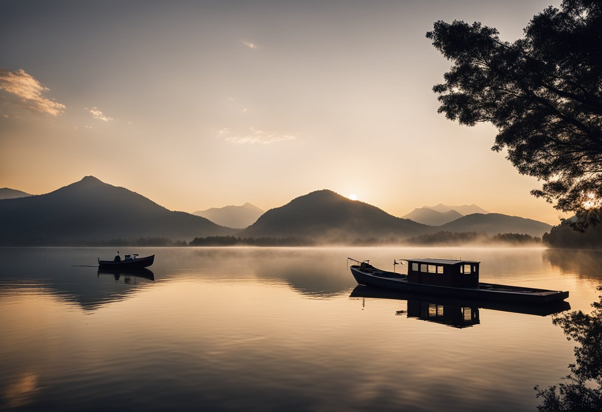 A serene lake at dawn with mist rising, surrounded by lush greenery and the silhouette of distant mountains. A fishing boat glides across the calm water as the sun begins to peek over the horizon
