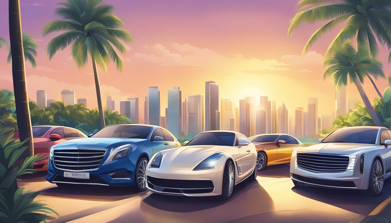 A lineup of luxury cars gleaming under the Philippine sun, surrounded by palm trees and a backdrop of city skyscrapers