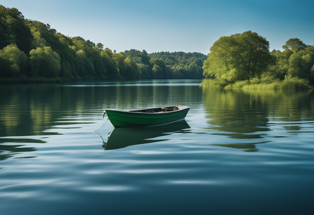 A serene lake surrounded by lush greenery, with a clear blue sky overhead. A fishing boat glides across the water, leaving only gentle ripples in its wake