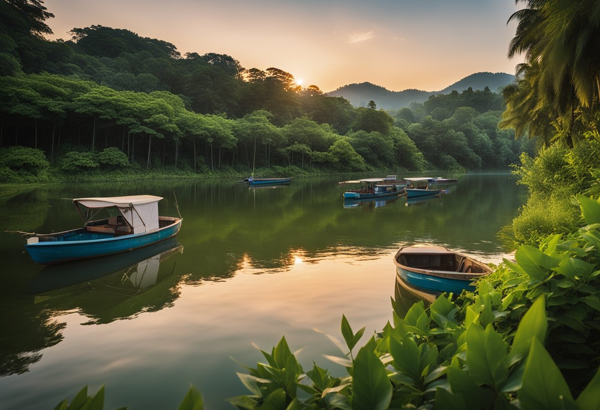 A serene lake surrounded by lush greenery, with fishing boats dotting the water. The sun sets in the distance, casting a warm glow over the tranquil scene