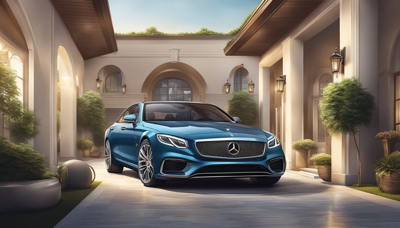 A luxury car parked in a spacious garage, surrounded by elegant decor and high-end accessories, with a backdrop of a scenic and affluent neighborhood
