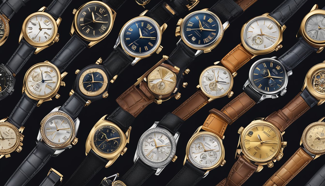 A display of luxury watch brands under 2000, arranged on a sleek black velvet backdrop with soft spotlighting to highlight their exquisite details