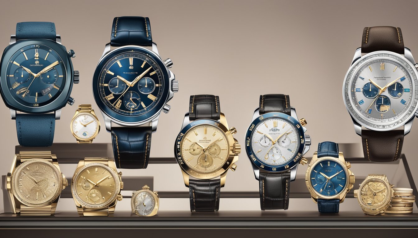 A display of luxury watches under 2000, arranged on a velvet-lined shelf with soft lighting highlighting the intricate details and craftsmanship